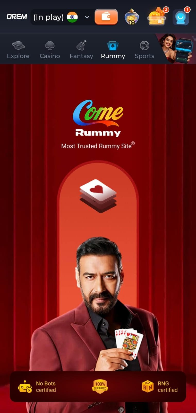 Drem Game Come Rummy Section with Ajay Devgn Banner