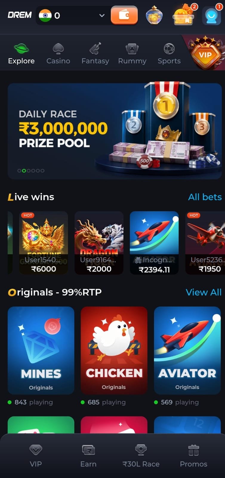 Drem Game App Homepage showing Aviator, Mines and Chicken Games