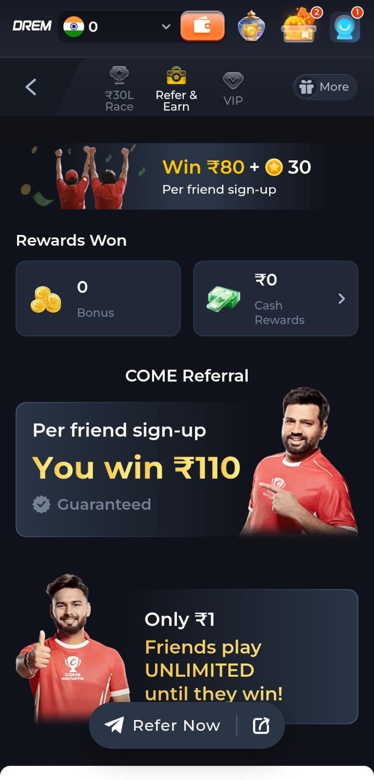 Drem Game Refer and Earn Program with Rohit Sharma Banner
