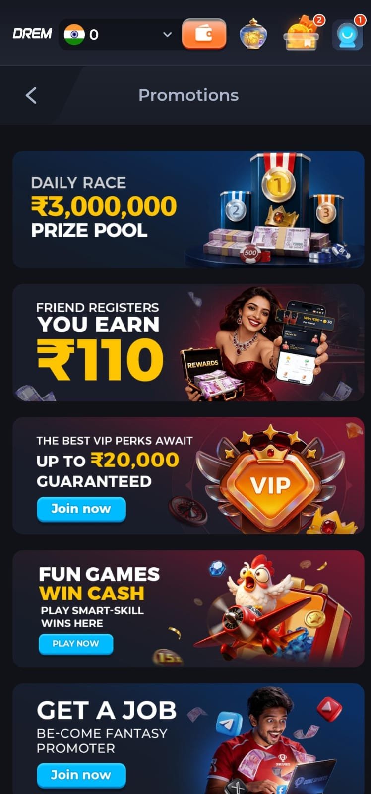 Drem Game Promotions Page with Daily Race and Referral Rewards